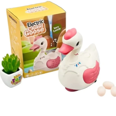 Electric Crawl Goose and Go Walking Parrot Laying Parrot Cygnet Toy with Lights Sound Music for Kids Boys Girls Egg Duck Toy