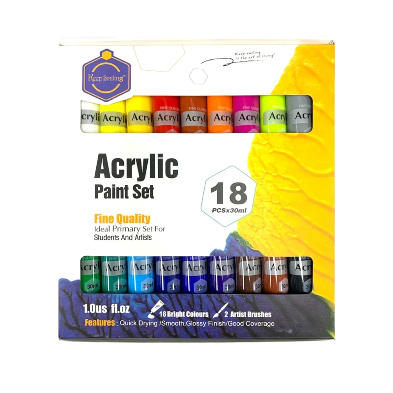 Keep Smiling Acrylic Paint Set – 18 Colours × 30ml (With Brushes)