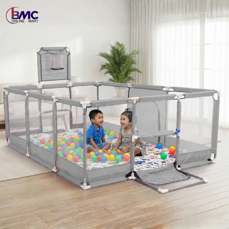 Large Size Baby Play Pen House with Basket-Goal Post-50 Balls & Foam Mat
