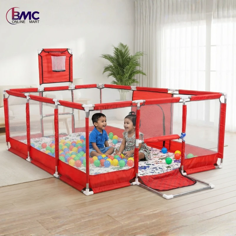 Large Size Baby Play Pen House with Basket-Goal Post-50 Balls & Foam Mat